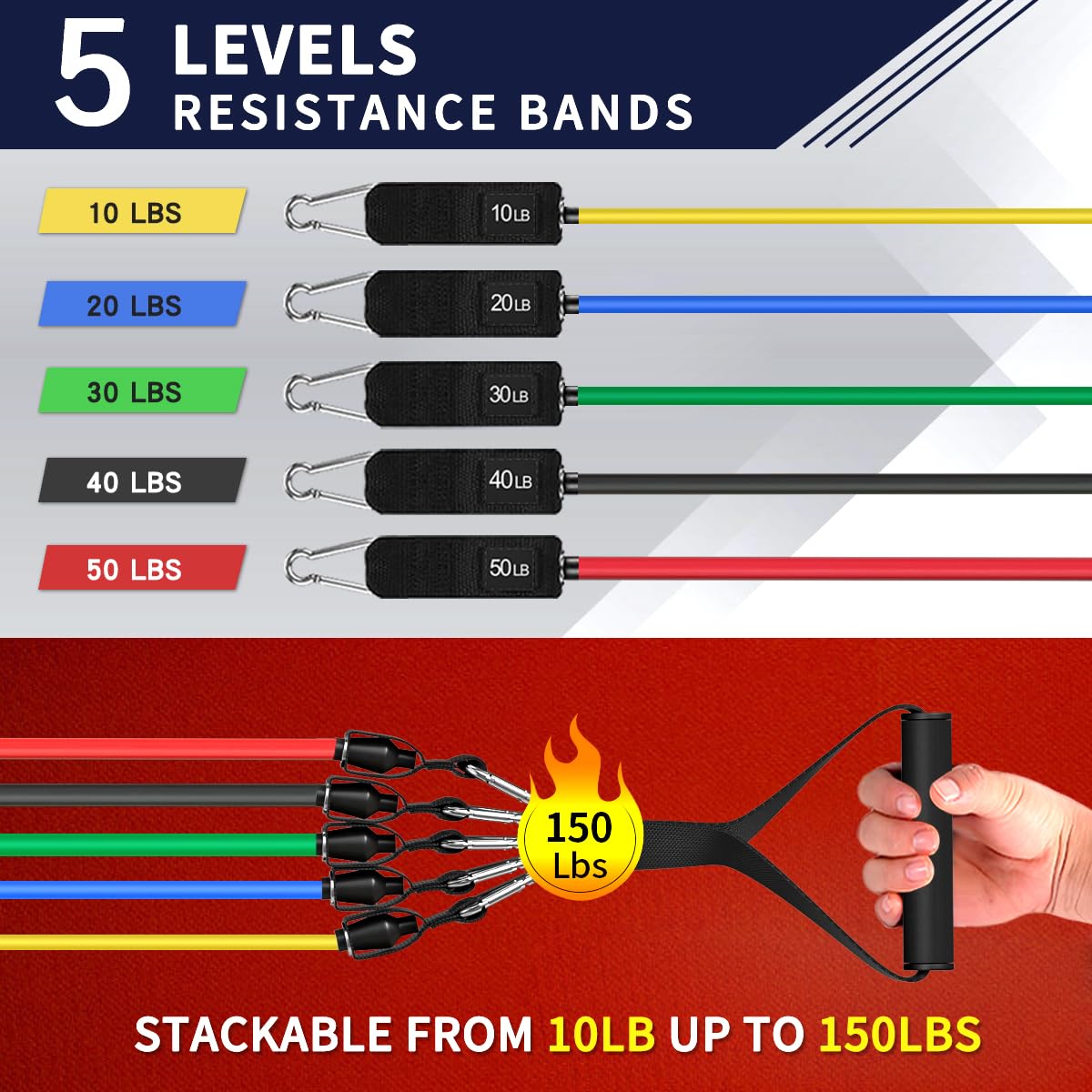 Resistance Bands , Work Out Exercise Bands with 11pcs, Strength Training.